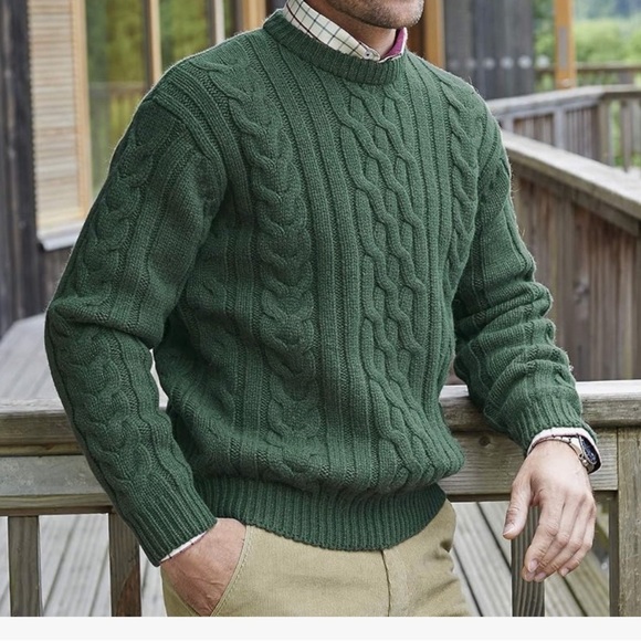 Kelly Green Samuel Windsor‎ Fisherman’s Cable Knit 💯% Wool Sweater Mens Size L - Picture 9 of 14